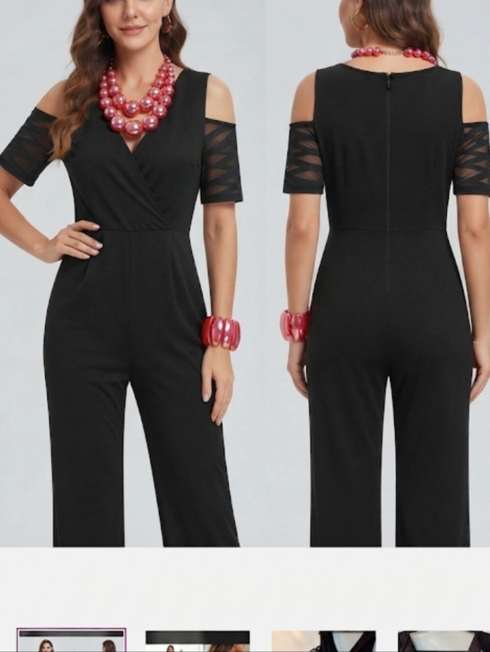 Cold-Shoulder V-Neck Black Jumpsuit with Sheer Sleeve Detail